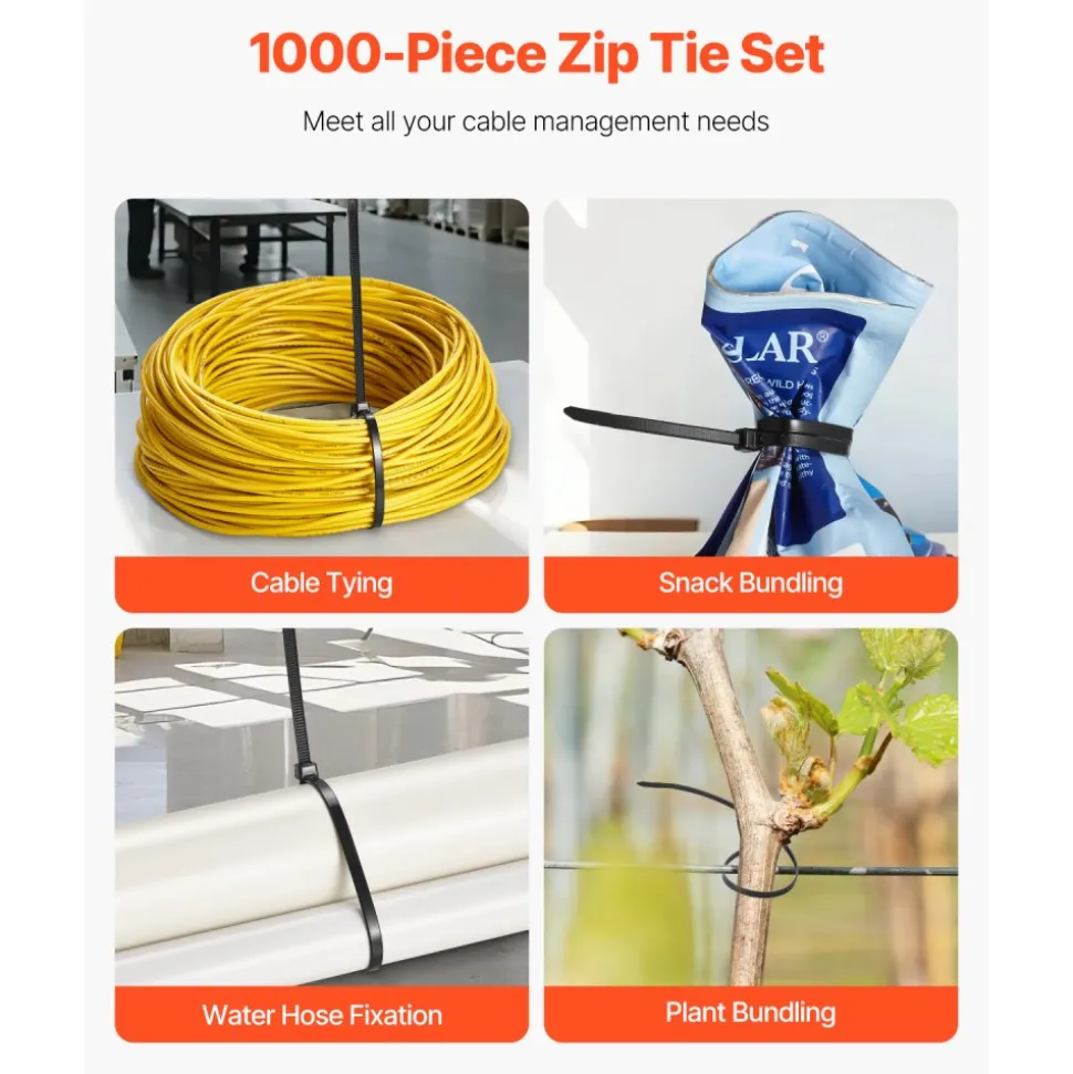 VEVOR 1000 Pack Cable Zip Ties, 12-inch Heavy Duty Cable Wire Ties with 50LBS High Tensile Strength, Multi-Purpose Self-Locking Nylon Tie Wraps, Heat & Cold Resistant for Indoor and Outdoor Use