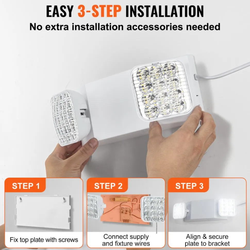 VEVOR 6 Pack Commercial Emergency Light, 3W, White LED Emergency Exit Lighting Fixtures with 180 Minutes Backup Battery Adjustable 2 LED Square Head, Ceiling or Wall Mount for Business Power Outages