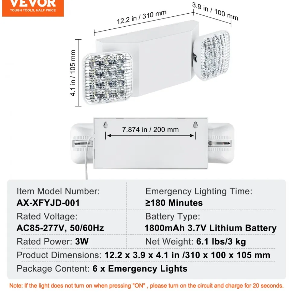 VEVOR 6 Pack Commercial Emergency Light, 3W, White LED Emergency Exit Lighting Fixtures with 180 Minutes Backup Battery Adjustable 2 LED Square Head, Ceiling or Wall Mount for Business Power Outages