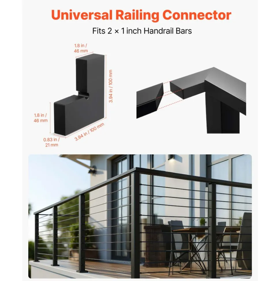 VEVOR 2 Pack Corner Connectors for Handrail, Extension Stair Railing Accessories, POM Hand Rail Connector Fittings for Rectangular Cable Railing, Deck Cable Rail System Outdoor, Matte Black, HT-05