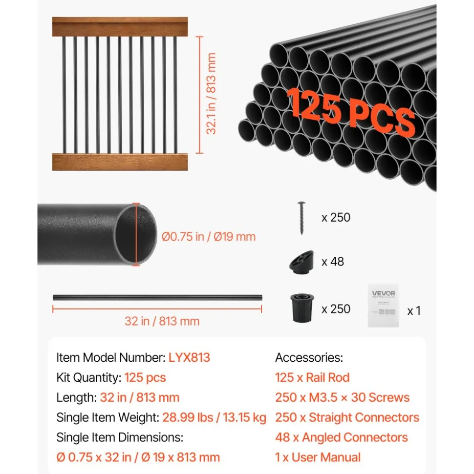VEVOR 125 Pack Deck Balusters, 32 in Aluminum Railing Spindles, 3/4 in Diameter Hollow Round Metal Decking Stair Balusters with Connectors, Screws, for Deck, Porch & Staircase Railing Fence, Black