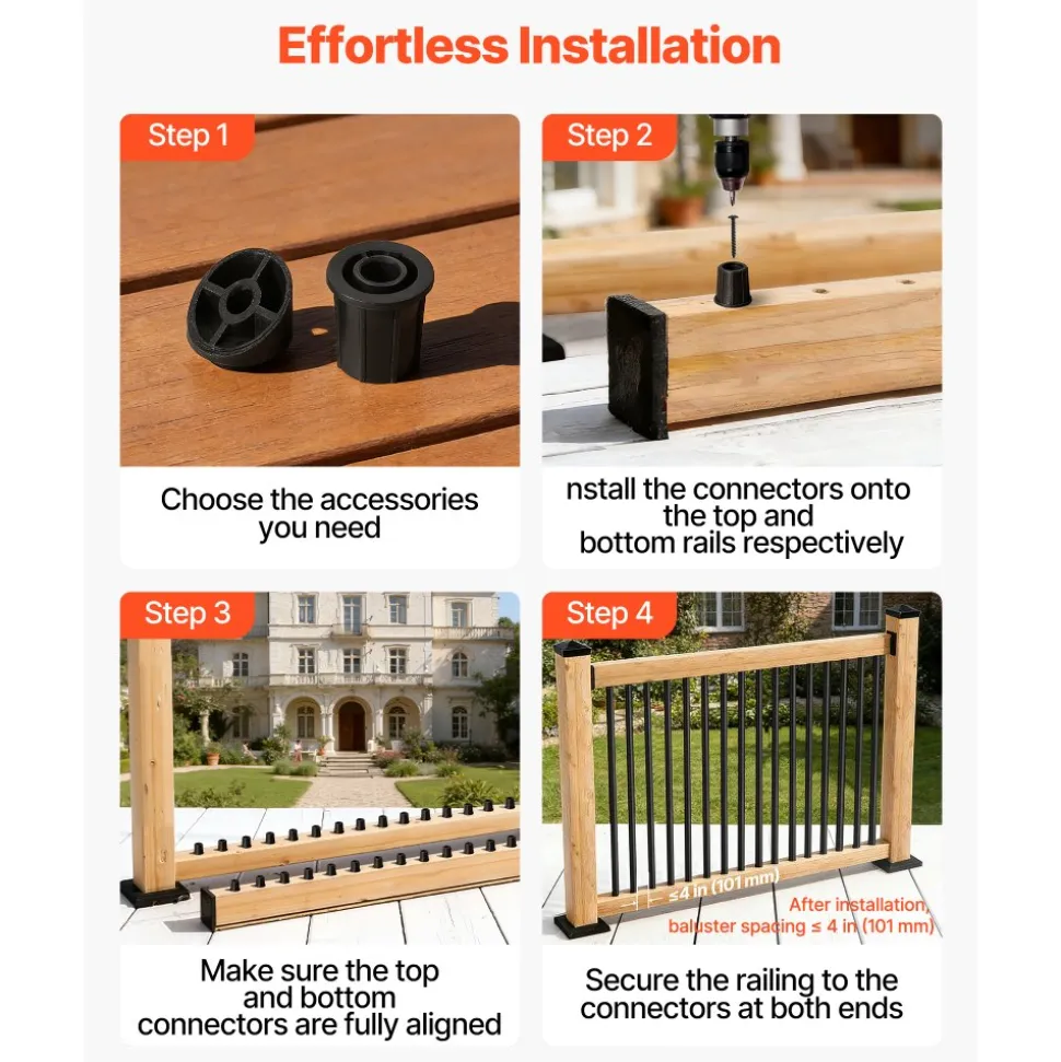 VEVOR 125 Pack Deck Balusters, 26 in Aluminum Railing Spindles, 3/4 in Diameter Hollow Round Metal Decking Stair Balusters with Connectors, Screws, for Deck, Porch & Staircase Railing Fence, Black