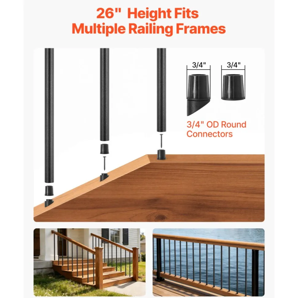 VEVOR 125 Pack Deck Balusters, 26 in Aluminum Railing Spindles, 3/4 in Diameter Hollow Round Metal Decking Stair Balusters with Connectors, Screws, for Deck, Porch & Staircase Railing Fence, Black