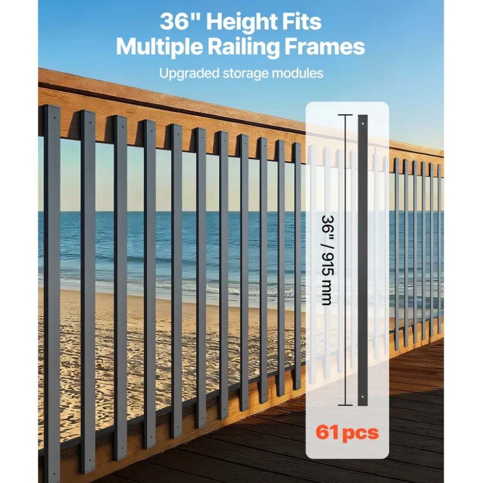 VEVOR 61 Pack Deck Balusters, 36 in Galvanized Steel Railing Spindles, Hollow Rectangle Metal Decking Stair Balusters with Pre-Drilled Hole, End Caps, Screws, for Deck, Porch & Stair Railing, Black