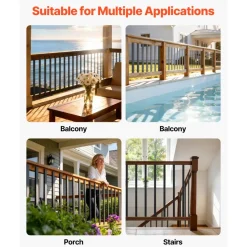 VEVOR 61 Pack Deck Balusters, 29.5 in Galvanized Steel Railing Spindles, Hollow Rectangle Metal Decking Stair Balusters with Pre-Drilled Hole, End Caps, Screws, for Deck, Porch & Stair Railing, Black
