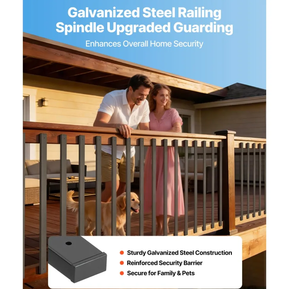 VEVOR 61 Pack Deck Balusters, 29.5 in Galvanized Steel Railing Spindles, Hollow Rectangle Metal Decking Stair Balusters with Pre-Drilled Hole, End Caps, Screws, for Deck, Porch & Stair Railing, Black