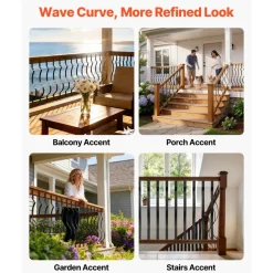 VEVOR 61 Pack Deck Balusters, 32.28 x 1 in Metal Railing Spindles, Galvanized Steel Decking Stair Balusters with Screws, Stylish Wavy Design for Outdoor Deck, Porch & Staircase Railing Fence, Black