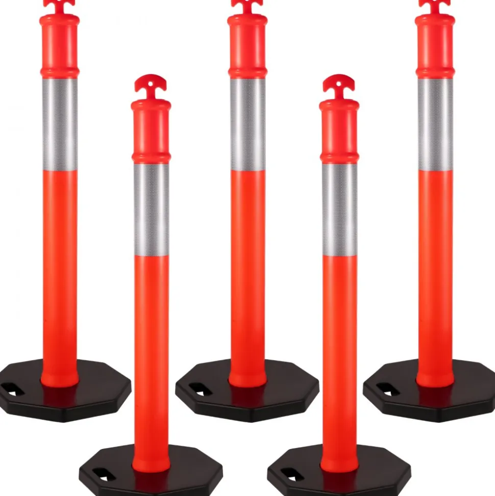VEVOR 5Pack Delineator Posts 44 Inch Height, Orange PE Delineator Post Kit 10 inch Reflective Band, Traffic Delineator Posts with Rubber Base 16 inch for Construction Sites, Facility Management etc.