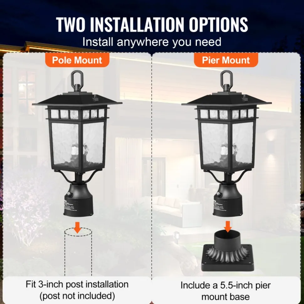 VEVOR 2 Pack Dusk to Dawn Outdoor Post Light, 15.75 in, Waterproof Lamp Post Light Fixtures with 5.5 in Pier Mount Base Glass Shade, Lightning-proof Exterior Pole Column Light for Patio Garden Pathway