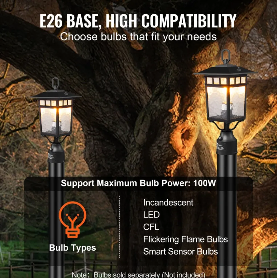 VEVOR 2 Pack Dusk to Dawn Outdoor Post Light, 15.75 in, Waterproof Lamp Post Light Fixtures with 5.5 in Pier Mount Base Glass Shade, Lightning-proof Exterior Pole Column Light for Patio Garden Pathway