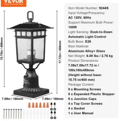 VEVOR 2 Pack Dusk to Dawn Outdoor Post Light, 15.75 in, Waterproof Lamp Post Light Fixtures with 5.5 in Pier Mount Base Glass Shade, Lightning-proof Exterior Pole Column Light for Patio Garden Pathway