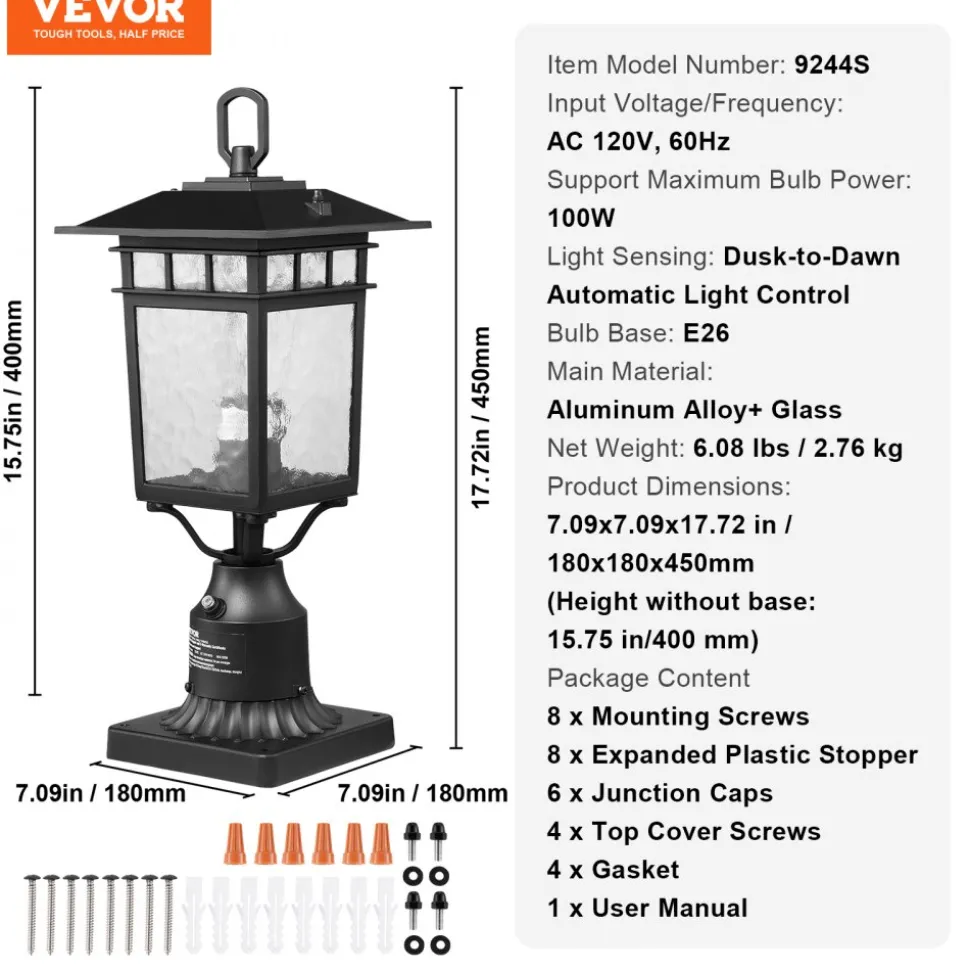 VEVOR 2 Pack Dusk to Dawn Outdoor Post Light, 15.75 in, Waterproof Lamp Post Light Fixtures with 5.5 in Pier Mount Base Glass Shade, Lightning-proof Exterior Pole Column Light for Patio Garden Pathway
