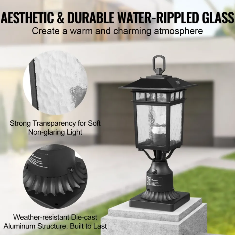 VEVOR 2 Pack Dusk to Dawn Outdoor Post Light, 15.75 in, Waterproof Lamp Post Light Fixtures with 5.5 in Pier Mount Base Glass Shade, Lightning-proof Exterior Pole Column Light for Patio Garden Pathway