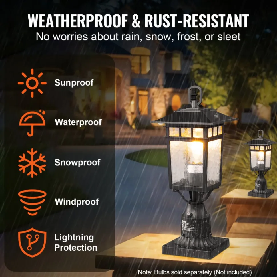 VEVOR 2 Pack Dusk to Dawn Outdoor Post Light, 15.75 in, Waterproof Lamp Post Light Fixtures with 5.5 in Pier Mount Base Glass Shade, Lightning-proof Exterior Pole Column Light for Patio Garden Pathway