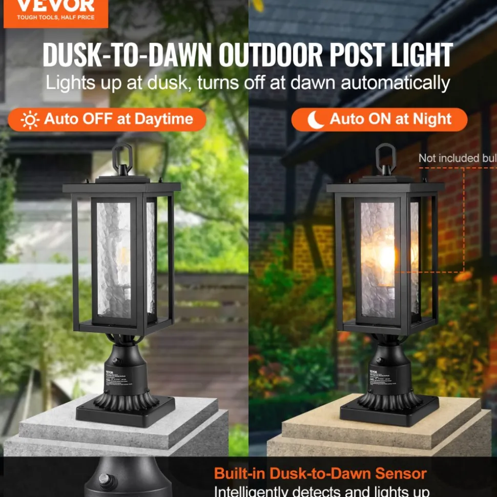VEVOR 2 Pack Dusk to Dawn Outdoor Post Light, 17.72 in, Waterproof Lamp Post Light Fixtures with 3.5 in Pier Mount Base Glass Shade, Lightning-proof Exterior Pole Column Light for Patio Garden Pathway