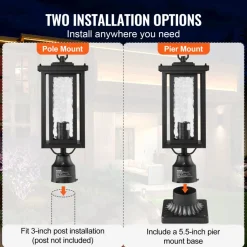 VEVOR 2 Pack Dusk to Dawn Outdoor Post Light, 17.72 in, Waterproof Lamp Post Light Fixtures with 3.5 in Pier Mount Base Glass Shade, Lightning-proof Exterior Pole Column Light for Patio Garden Pathway