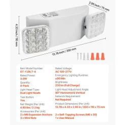 VEVOR 4 Pack Emergency Lights for Business, with Battery Backup, Commercial LED Emergency Exit Lighting Fixtures, AC 120/277V, with Two Square Head Adjustable, 90-Minute Backup, for Business, White