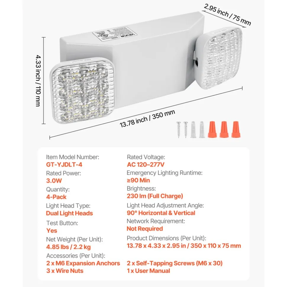 VEVOR 4 Pack Emergency Lights for Business, with Battery Backup, Commercial LED Emergency Exit Lighting Fixtures, AC 120/277V, with Two Square Head Adjustable, 90-Minute Backup, for Business, White