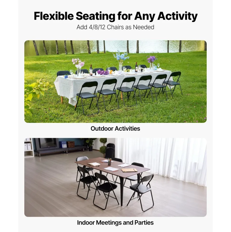 VEVOR 6 Pack Folding Chairs, Foldable Leather Chairs with Heavy Duty Metal Frame & Padded Cushion, Portable Folding Card Table Chairs, Stackable Seats for Home, Yard, Garden, Parties, Events, Black