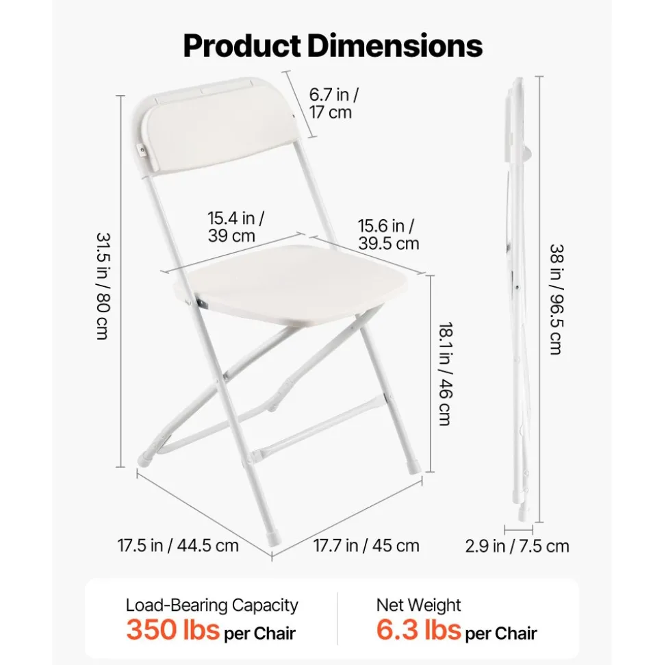 VEVOR 6 Pack Folding Chairs, Foldable Plastic Chairs with Heavy Duty Metal Frame, Portable Folding Card Table Chairs, Stackable Indoor Outdoor Seats for Home, Yard, Garden, Parties, Events, White