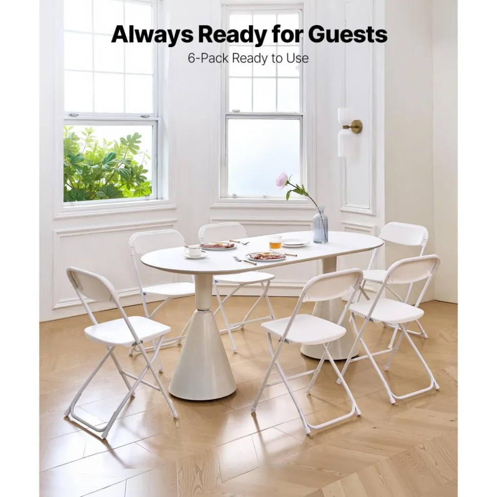 VEVOR 6 Pack Folding Chairs, Foldable Plastic Chairs with Heavy Duty Metal Frame, Portable Folding Card Table Chairs, Stackable Indoor Outdoor Seats for Home, Yard, Garden, Parties, Events, White