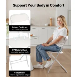 VEVOR 6 Pack Folding Chairs, Foldable Plastic Chairs with Heavy Duty Metal Frame, Portable Folding Card Table Chairs, Stackable Indoor Outdoor Seats for Home, Yard, Garden, Parties, Events, White