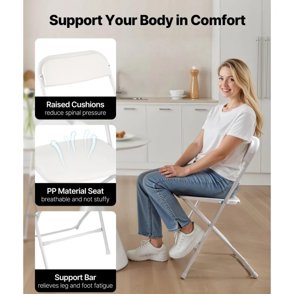 VEVOR 6 Pack Folding Chairs, Foldable Plastic Chairs with Heavy Duty Metal Frame, Portable Folding Card Table Chairs, Stackable Indoor Outdoor Seats for Home, Yard, Garden, Parties, Events, White