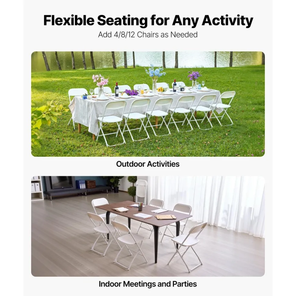 VEVOR 6 Pack Folding Chairs, Foldable Plastic Chairs with Heavy Duty Metal Frame, Portable Folding Card Table Chairs, Stackable Indoor Outdoor Seats for Home, Yard, Garden, Parties, Events, White