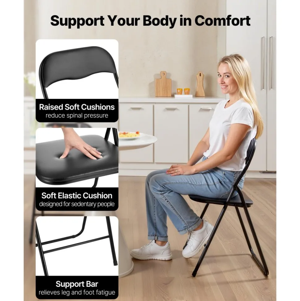 VEVOR 4 Pack Folding Chairs, Foldable Leather Chairs with Heavy Duty Metal Frame & Padded Cushion, Portable Folding Card Table Chairs, Stackable Seats for Home, Yard, Garden, Parties, Events, Black