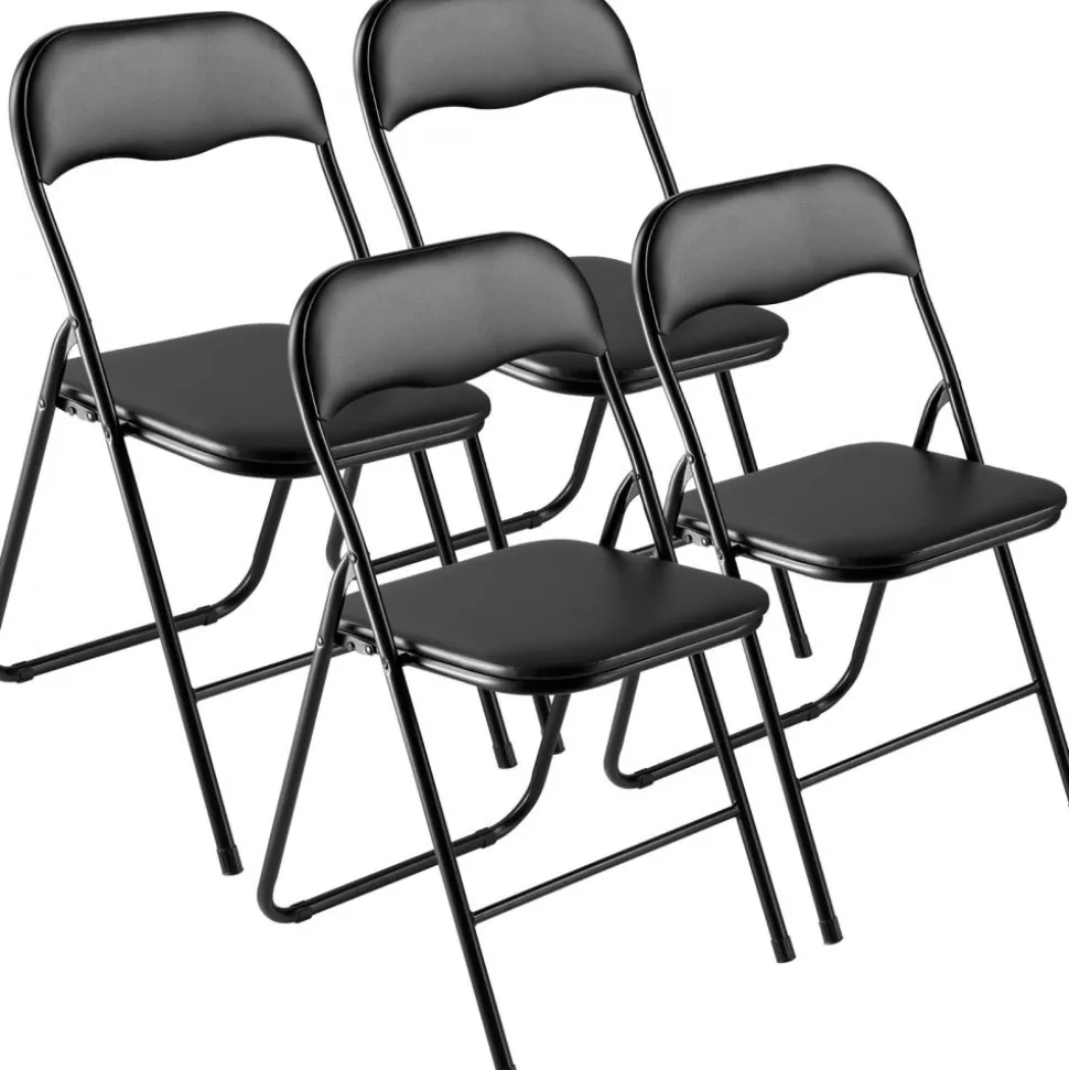 VEVOR 4 Pack Folding Chairs, Foldable Leather Chairs with Heavy Duty Metal Frame & Padded Cushion, Portable Folding Card Table Chairs, Stackable Seats for Home, Yard, Garden, Parties, Events, Black