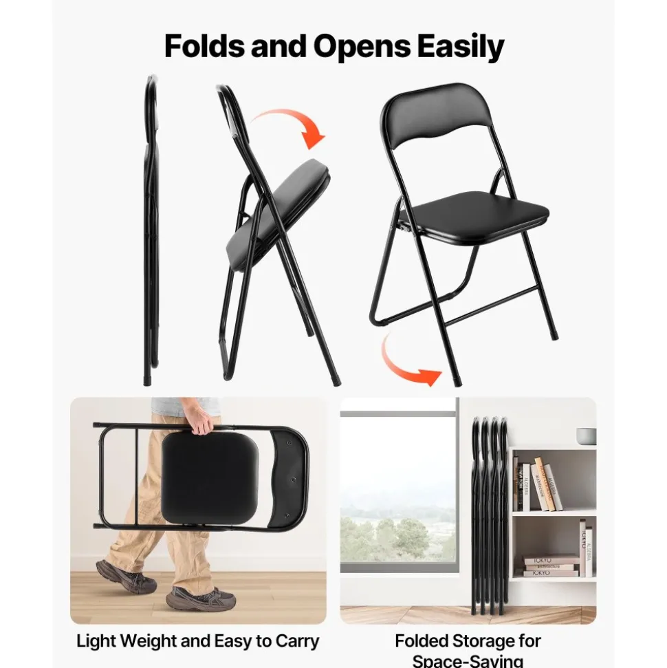 VEVOR 4 Pack Folding Chairs, Foldable Leather Chairs with Heavy Duty Metal Frame & Padded Cushion, Portable Folding Card Table Chairs, Stackable Seats for Home, Yard, Garden, Parties, Events, Black