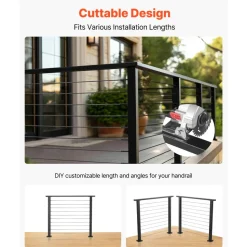 VEVOR 4 Pack 6.5 ft Stainless Steel Handrail, Rectangular Top Stair Deck Hand Rail for Outdoor/Indoor Steps with End Cap,Matte Black Coating Adjustable Metal Stair Rail for Cable Railing Kit