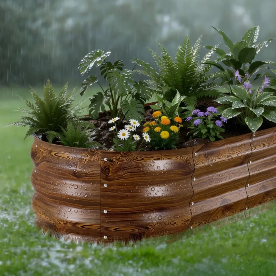 VEVOR 2 Pack Galvanized Raised Garden Beds, 4 x 2 x 1 ft, Oval Metal Planter Boxes Kit Outdoor, Bottomless Elevated Garden Box with Gloves, Alu-Zinc, for Planting Flowers Vegetables, Deep Wood Grain