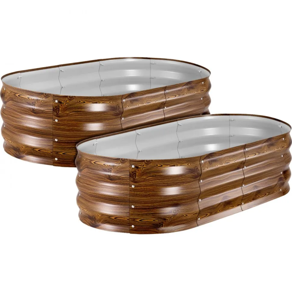 VEVOR 2 Pack Galvanized Raised Garden Beds, 4 x 2 x 1 ft, Oval Metal Planter Boxes Kit Outdoor, Bottomless Elevated Garden Box with Gloves, Alu-Zinc, for Planting Flowers Vegetables, Deep Wood Grain