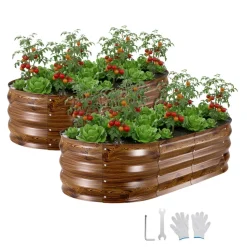 VEVOR 2 Pack Galvanized Raised Garden Beds, 4 x 2 x 1 ft, Oval Metal Planter Boxes Kit Outdoor, Bottomless Elevated Garden Box with Gloves, Alu-Zinc, for Planting Flowers Vegetables, Deep Wood Grain