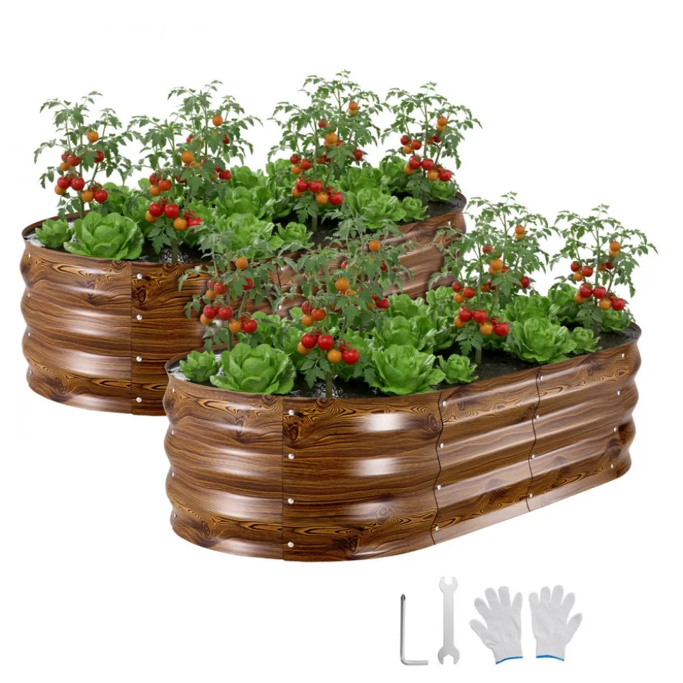 VEVOR 2 Pack Galvanized Raised Garden Beds, 4 x 2 x 1 ft, Oval Metal Planter Boxes Kit Outdoor, Bottomless Elevated Garden Box with Gloves, Alu-Zinc, for Planting Flowers Vegetables, Deep Wood Grain