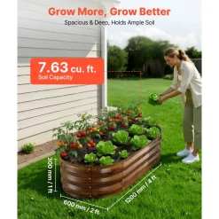 VEVOR 2 Pack Galvanized Raised Garden Beds, 4 x 2 x 1 ft, Oval Metal Planter Boxes Kit Outdoor, Bottomless Elevated Garden Box with Gloves, Alu-Zinc, for Planting Flowers Vegetables, Deep Wood Grain