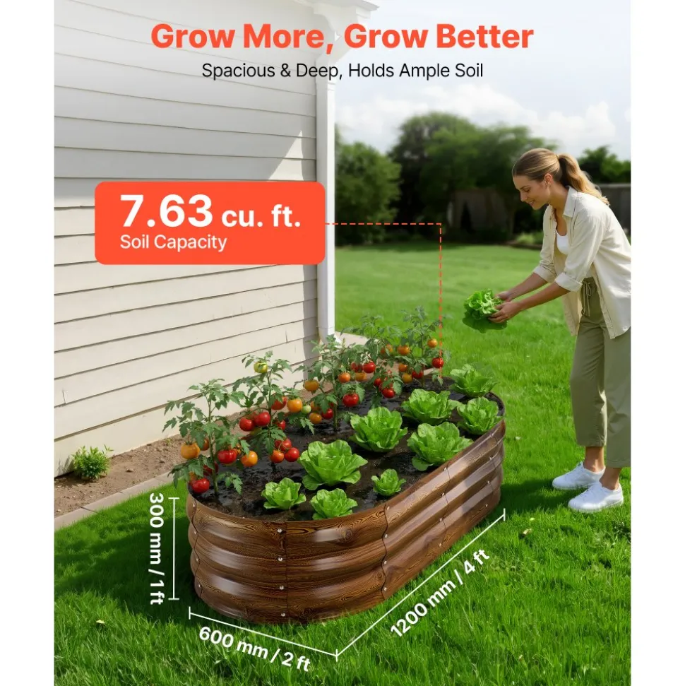 VEVOR 2 Pack Galvanized Raised Garden Beds, 4 x 2 x 1 ft, Oval Metal Planter Boxes Kit Outdoor, Bottomless Elevated Garden Box with Gloves, Alu-Zinc, for Planting Flowers Vegetables, Deep Wood Grain