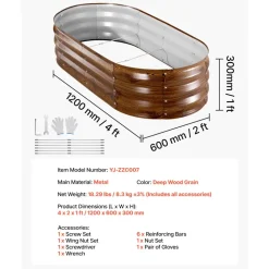 VEVOR 2 Pack Galvanized Raised Garden Beds, 4 x 2 x 1 ft, Oval Metal Planter Boxes Kit Outdoor, Bottomless Elevated Garden Box with Gloves, Alu-Zinc, for Planting Flowers Vegetables, Deep Wood Grain