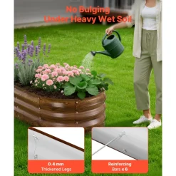 VEVOR 2 Pack Galvanized Raised Garden Beds, 4 x 2 x 1 ft, Oval Metal Planter Boxes Kit Outdoor, Bottomless Elevated Garden Box with Gloves, Alu-Zinc, for Planting Flowers Vegetables, Deep Wood Grain
