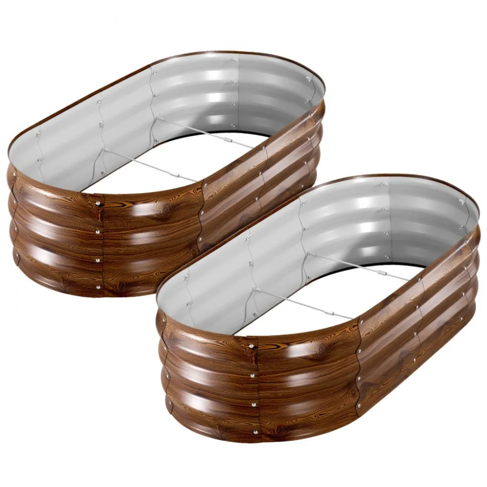 VEVOR 2 Pack Galvanized Raised Garden Beds, 4 x 2 x 1 ft, Oval Metal Planter Boxes Kit Outdoor, Bottomless Elevated Garden Box with Gloves, Alu-Zinc, for Planting Flowers Vegetables, Deep Wood Grain
