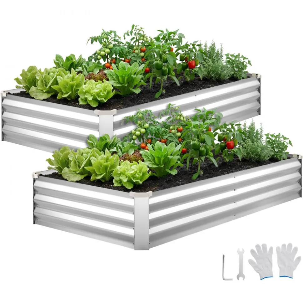VEVOR 2 Pack Galvanized Raised Garden Beds, 6 x 3 x 1 ft, Rectangular Metal Planter Boxes Kit Outdoor, Bottomless Elevated Planting Box with Gloves, Alu-Zinc, for Growing Flowers Vegetables, Silver