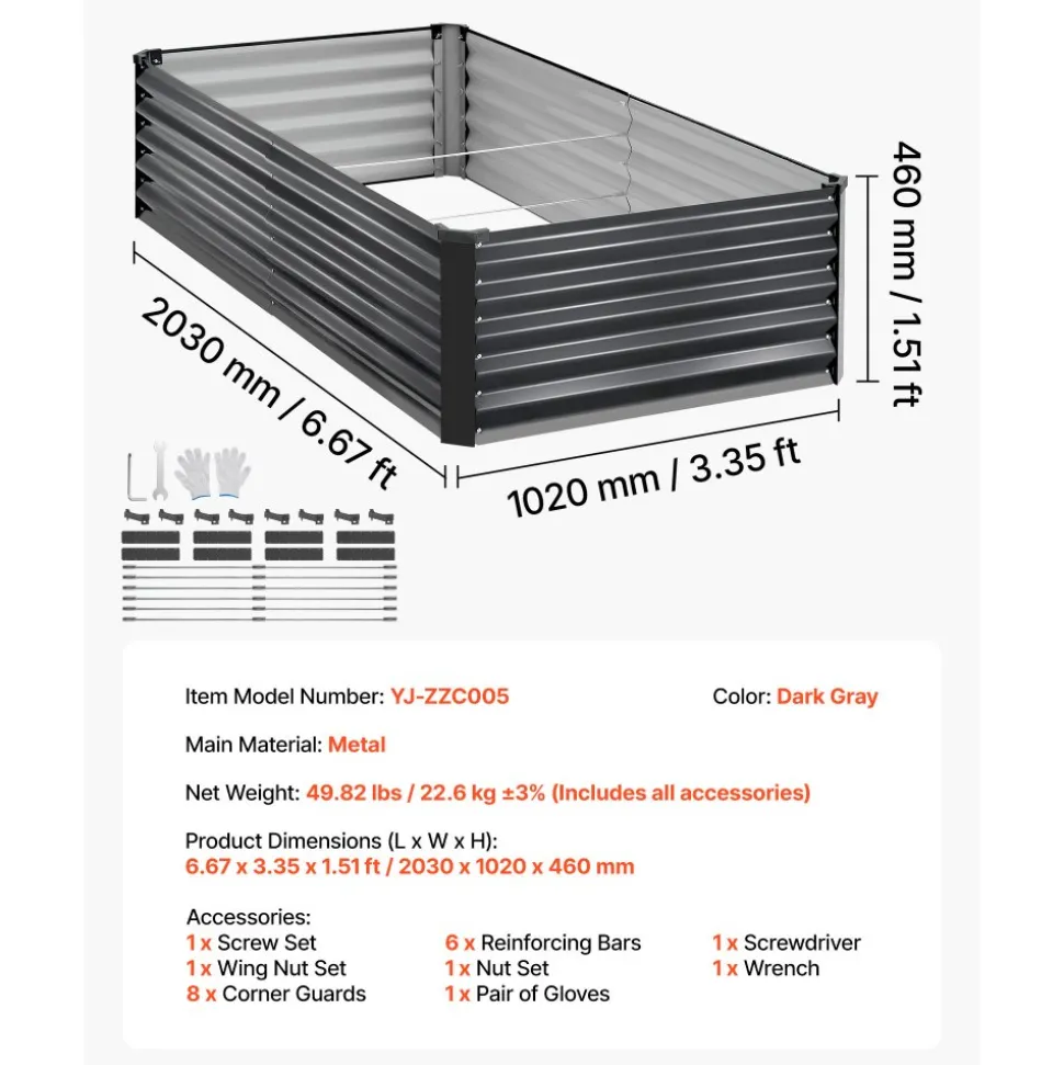 VEVOR 2 Pack Galvanized Raised Garden Beds, 6.67 x 3.35 x 1.51 ft, Rectangular Metal Planter Boxes Kit Outdoor, Elevated Planting Box with Gloves, Alu-Zinc, for Growing Flowers Vegetables, Dark Gray