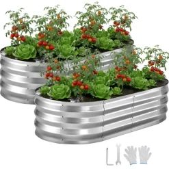 VEVOR 2 Pack Galvanized Raised Garden Beds, 4 x 2 x 1 ft, Oval Metal Planter Boxes Kit Outdoor, Bottomless Elevated Garden Box with Gloves, Alu-Zinc, for Planting Flowers Fruits Vegetables, Silver