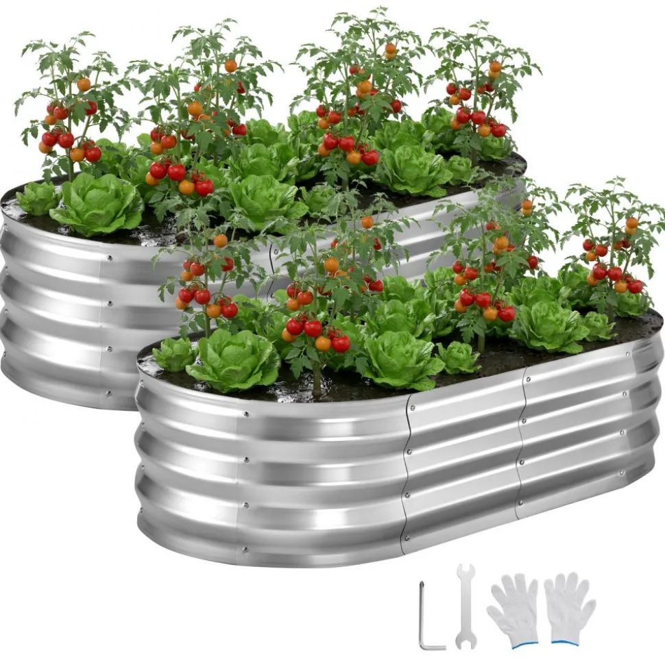 VEVOR 2 Pack Galvanized Raised Garden Beds, 4 x 2 x 1 ft, Oval Metal Planter Boxes Kit Outdoor, Bottomless Elevated Garden Box with Gloves, Alu-Zinc, for Planting Flowers Fruits Vegetables, Silver