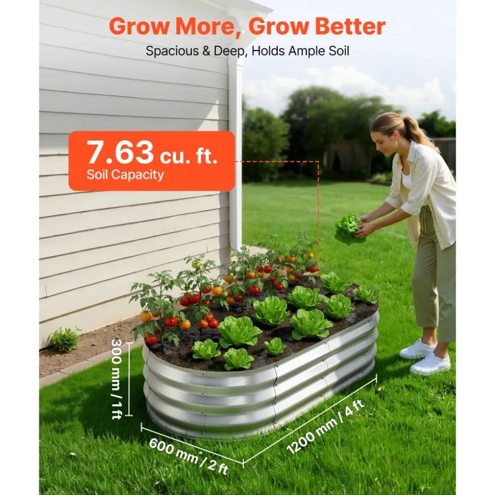 VEVOR 2 Pack Galvanized Raised Garden Beds, 4 x 2 x 1 ft, Oval Metal Planter Boxes Kit Outdoor, Bottomless Elevated Garden Box with Gloves, Alu-Zinc, for Planting Flowers Fruits Vegetables, Silver