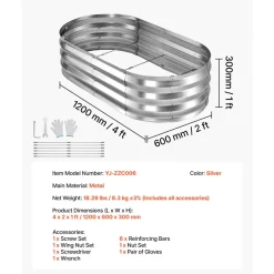 VEVOR 2 Pack Galvanized Raised Garden Beds, 4 x 2 x 1 ft, Oval Metal Planter Boxes Kit Outdoor, Bottomless Elevated Garden Box with Gloves, Alu-Zinc, for Planting Flowers Fruits Vegetables, Silver