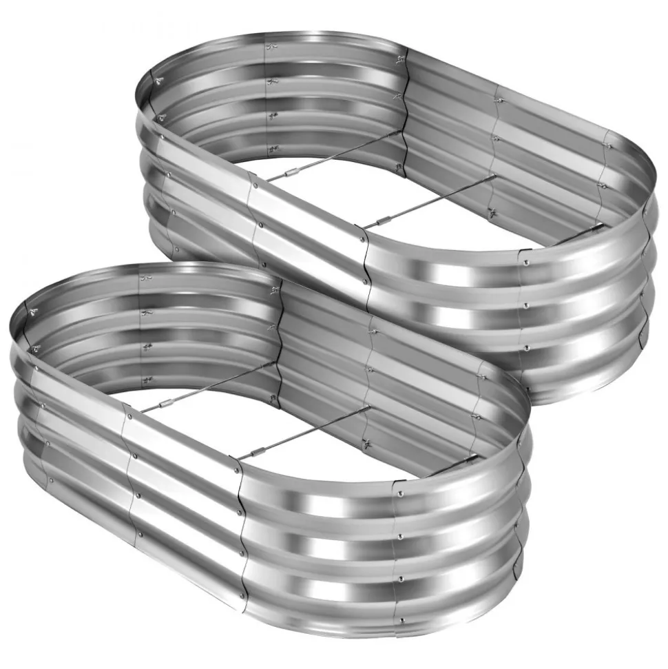 VEVOR 2 Pack Galvanized Raised Garden Beds, 4 x 2 x 1 ft, Oval Metal Planter Boxes Kit Outdoor, Bottomless Elevated Garden Box with Gloves, Alu-Zinc, for Planting Flowers Fruits Vegetables, Silver