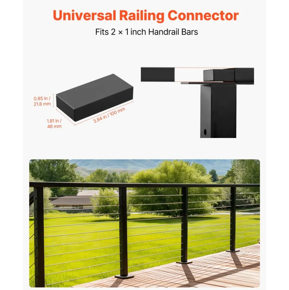 VEVOR 2 Pack Handrail Connectors, Flat Extension Stair Railing Accessories, POM Hand Rail Connector Fittings for Rectangular Cable Railing, Deck Cable Rail System Outdoor, Matte Black, HT-04