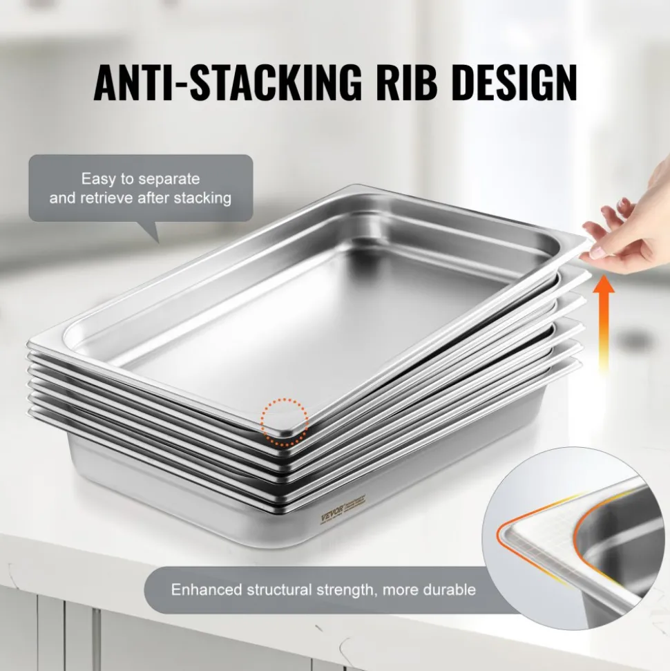 VEVOR 6 Pack Hotel Pans, Full Size Anti-Jam Steam Pan, 0.8mm Thick Stainless Steel Restaurant Steam Table Pan, 2.5-Inch Deep Commercial Table Pan, Catering Storage Food Pan, for Industrial & Scientifi